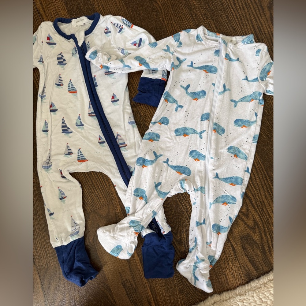 2 Angel Dear Footed Pajamas 0-3 Months EUC Nautical Prints